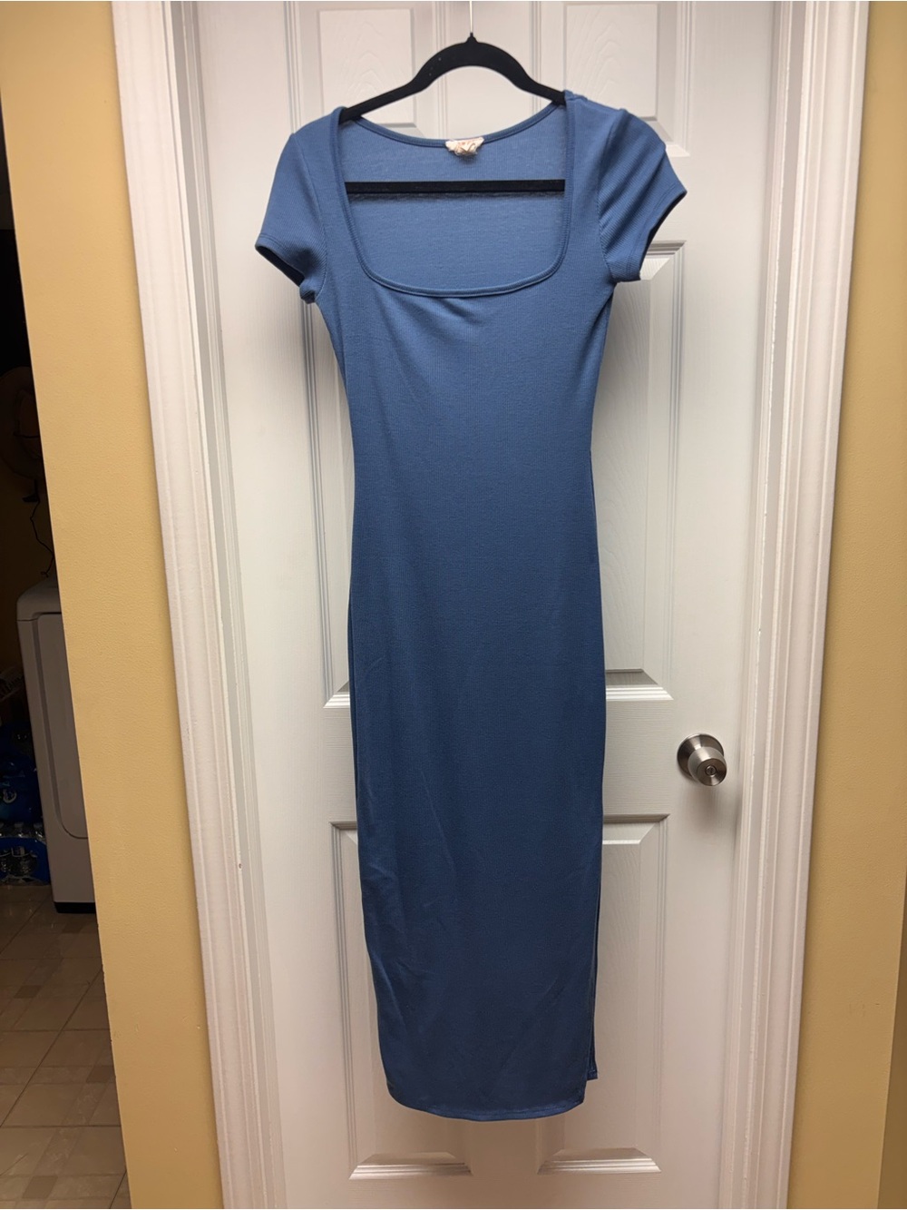 Blue Ribbed Square Neck Bodycon Maxi Dress | Short Sleeve Stretch Knit | Size M